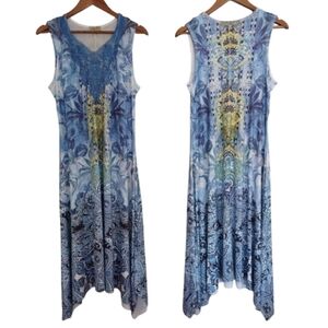 ONE WORLD Bohemian Elegant Blue Tribal Print Sleeveless Crochet V-neck Dress